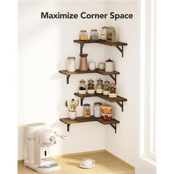 Corner Floating Shelves, Set of 4 Corner Wall Shelves, Shelves, Brown - Picture 4 of 6